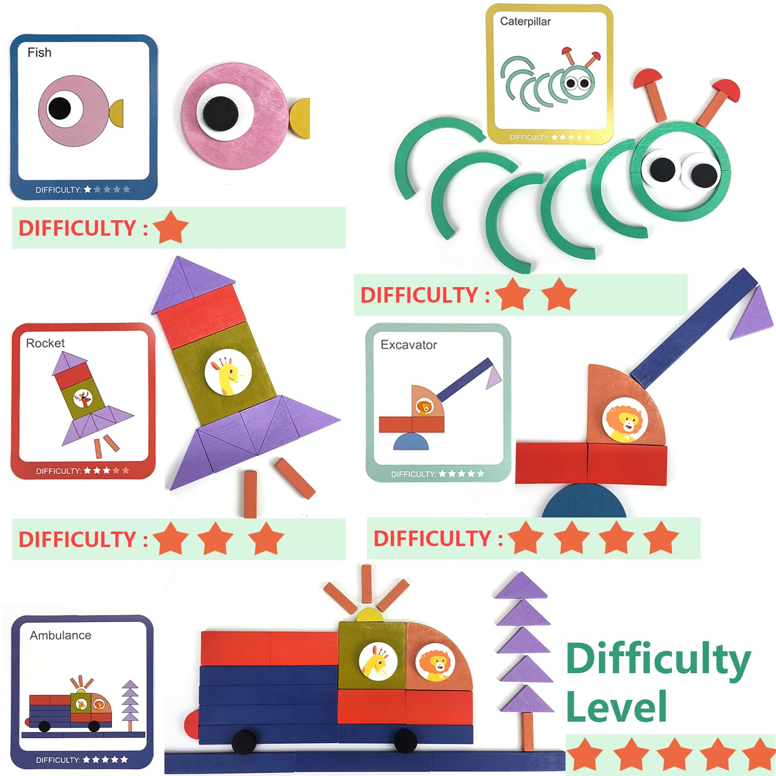 Jastown puzzle tangram legno bambini 3 anni,giochi montessori 3 4 5 6 anni,geometrico forma puzzle per 4 anni,120 Forma Geometrica 20 carte apprendimento giochi educativi regalo bambino 4 5 6 anni