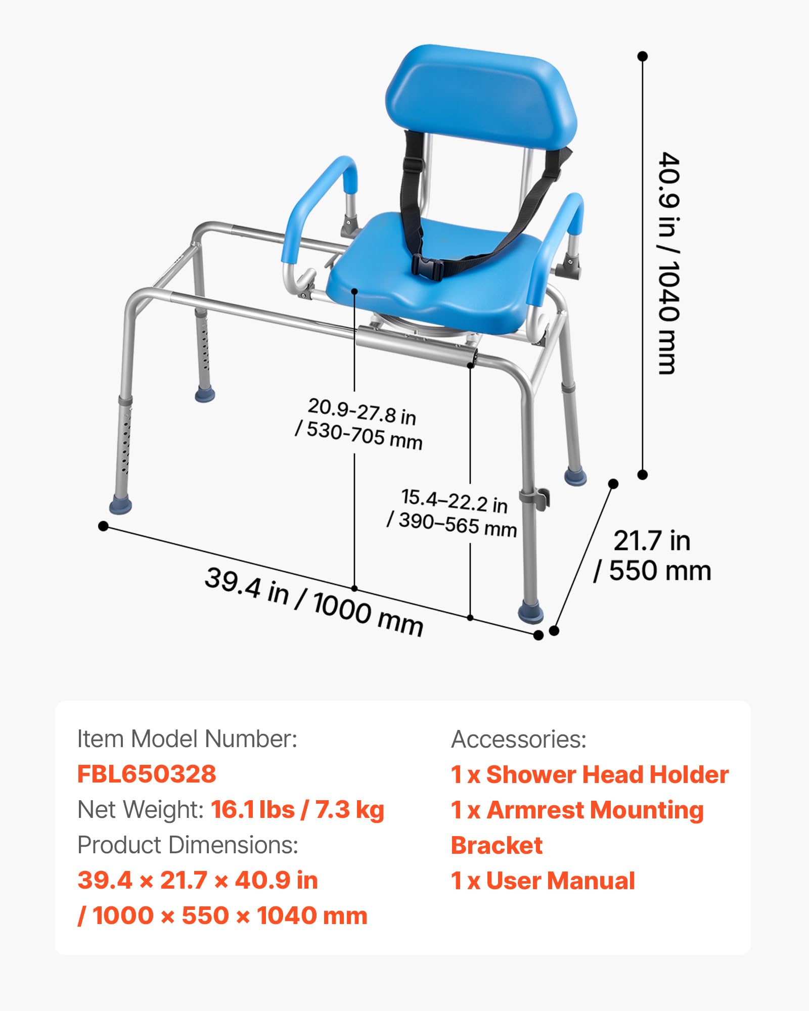 VEVOR Sgabello Scorrevole per Vasca da Bagno, Sedile Girevole per Trasferimento in Vasca Carico max. 150 kg, Sedia da Bagno Altezza Regolabile con Braccioli Schienale Ribaltabile per Anziani