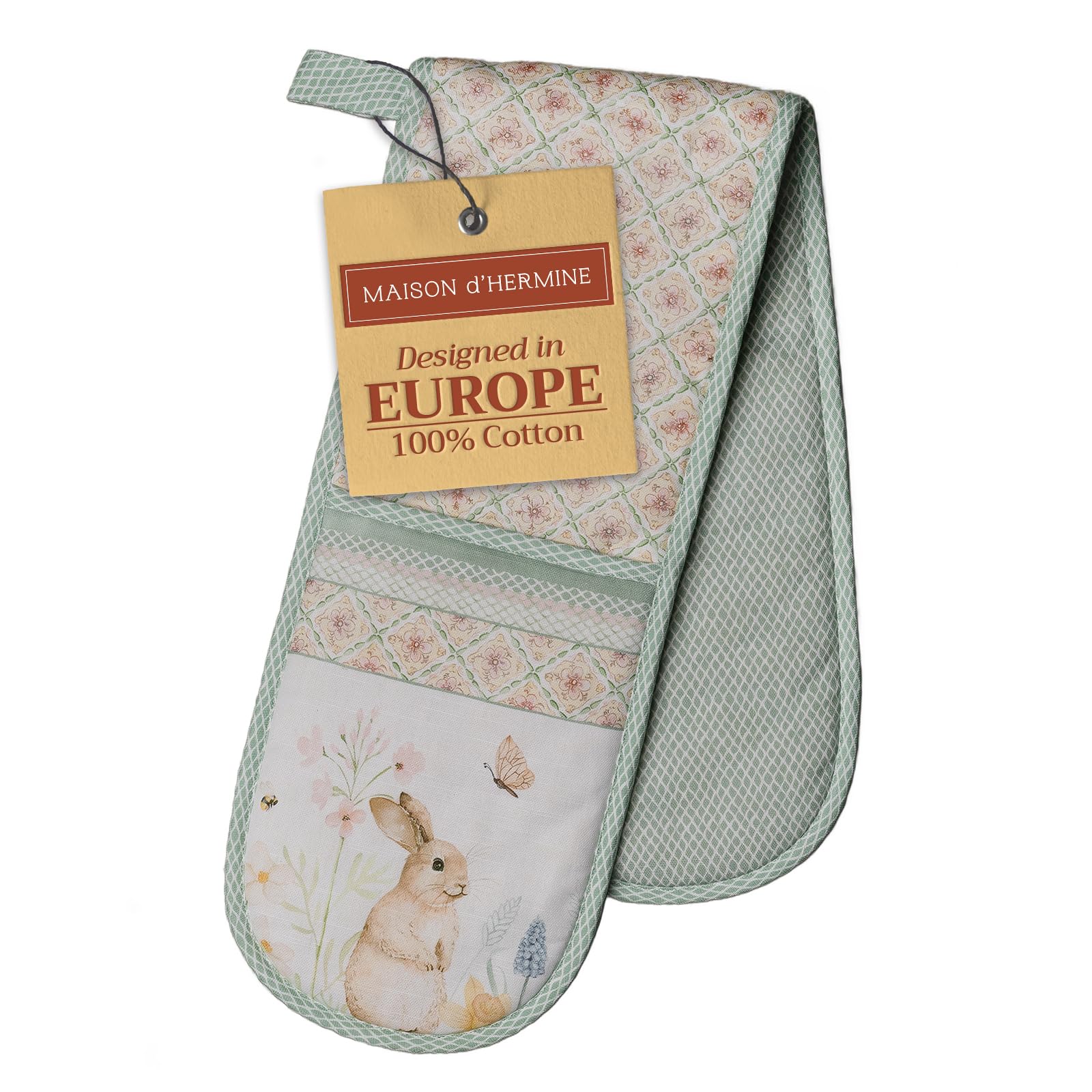 Maison D' Hermine 14 - Easter Dew Double Oven Mitts 100% Cotton 18 Cm X 89 Cm Double Oven Mitt Heat Resistant Bbq Cooking Gloves With Loop, Baking, Grilling, Home, Kitchen, Handling Hot Pans (Easter Dew)