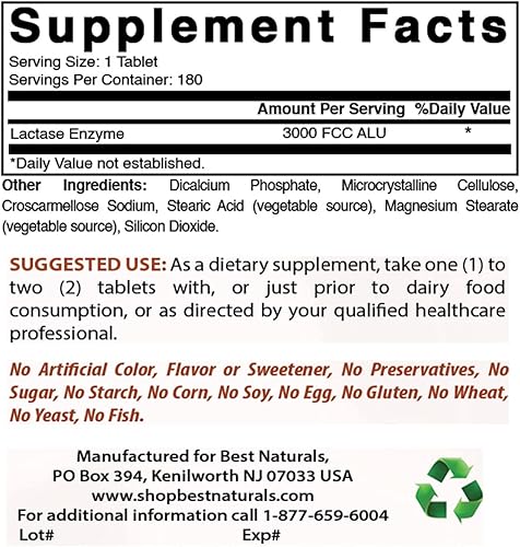 Miniatura 2 de Best Naturals, enzima de lactasa de acción rápida, 3000 FCC ALU, 180 tabletas (180 unidades (paquete de 3))