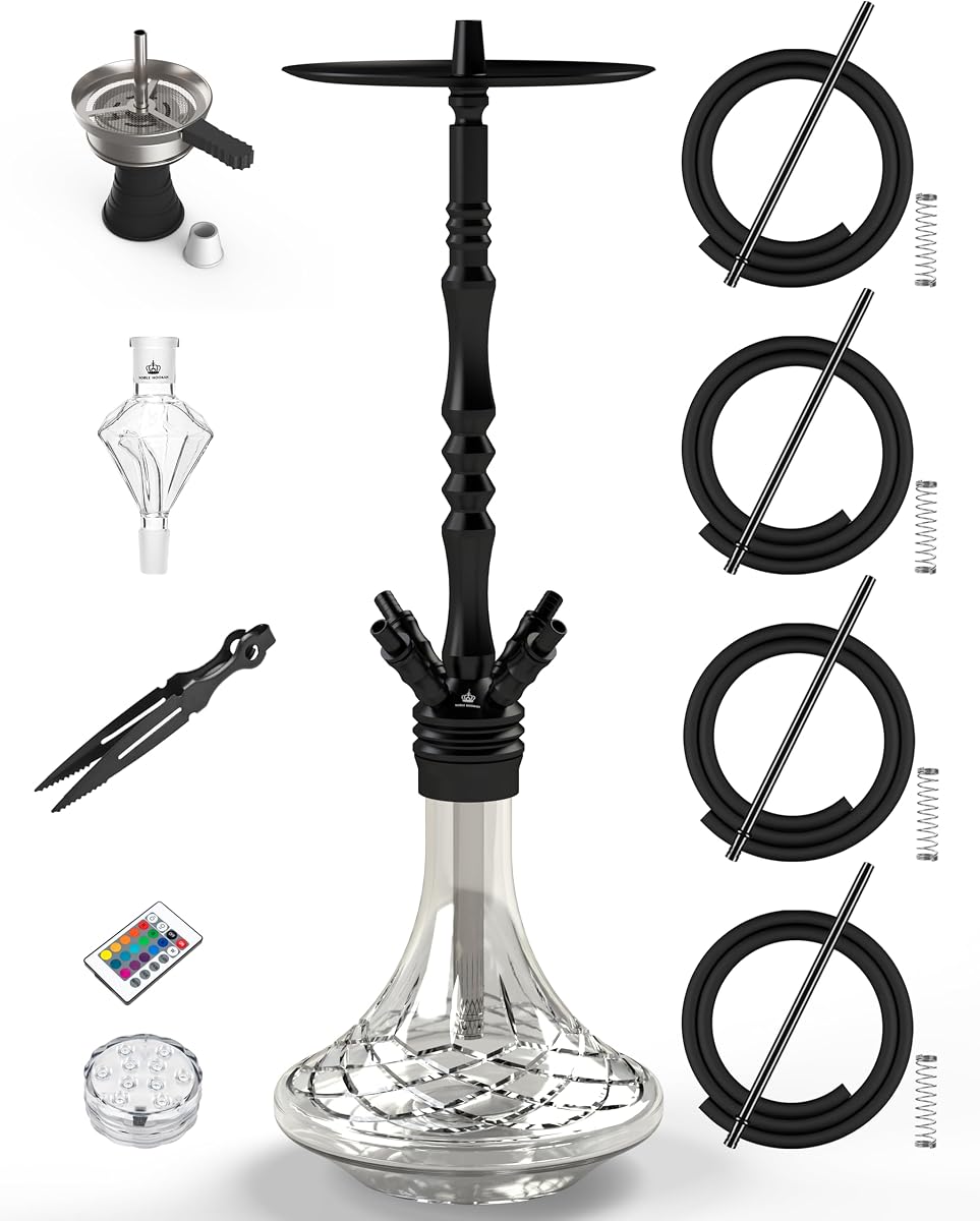NOBLE HOOKAH 40"Hookah Set 4 Hose with Everything Large Size Made of Aluminium with LED Light,Handmade Glass Base Molasses Catcher Equipped, Ceramic Bowl, Stainless Steel Heat Management,Tongs