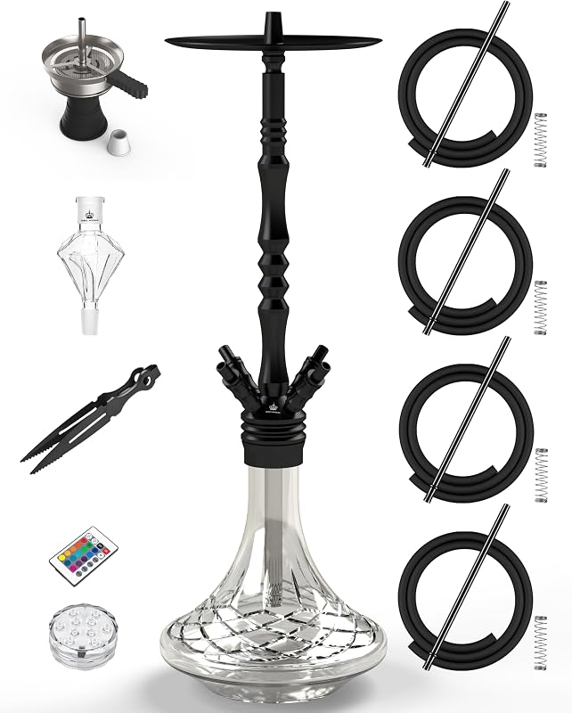 NOBLE HOOKAH 40"Hookah Set 4 Hose with Everything Large Size Made of Aluminium with LED Light,Handmade Glass Base Molasses Catcher Equipped, Ceramic Bowl, Stainless Steel Heat Management,Tongs