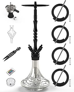 40"Hookah Set 4 Hose with Everything Large Size Made of Aluminium with LED Light,Handmade Glass Base Molasses Catcher Equipped, Ceramic Bowl, Stainless Steel Heat Management,Tongs