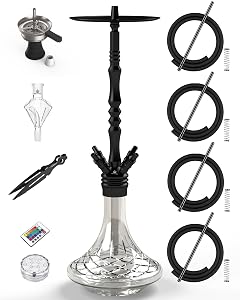 40Hookah Set 4 Hose with Everything Large Size Made of Aluminium with LED Light Handmade Glass Base Molasses