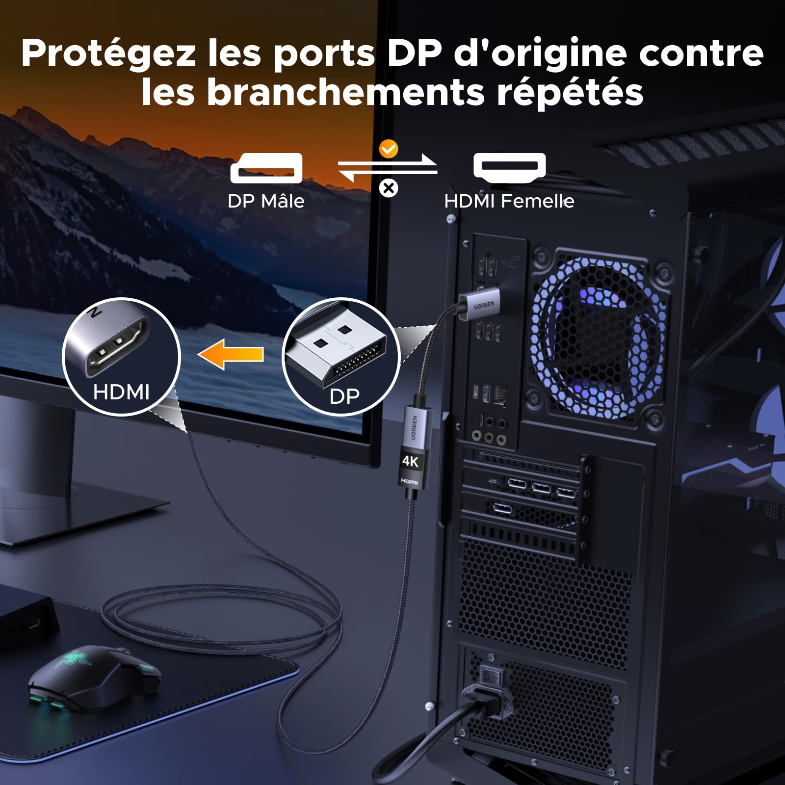 UGREEN 4K Adaptateur DisplayPort vers HDMI 4K 30Hz 2K 60Hz Convertisseur DP Mâle vers HDMI Femelle Unidirectionnel en Nylon Tressé Compatible avec Laptop HDTV Moniteur Projecteur (1 Pack)