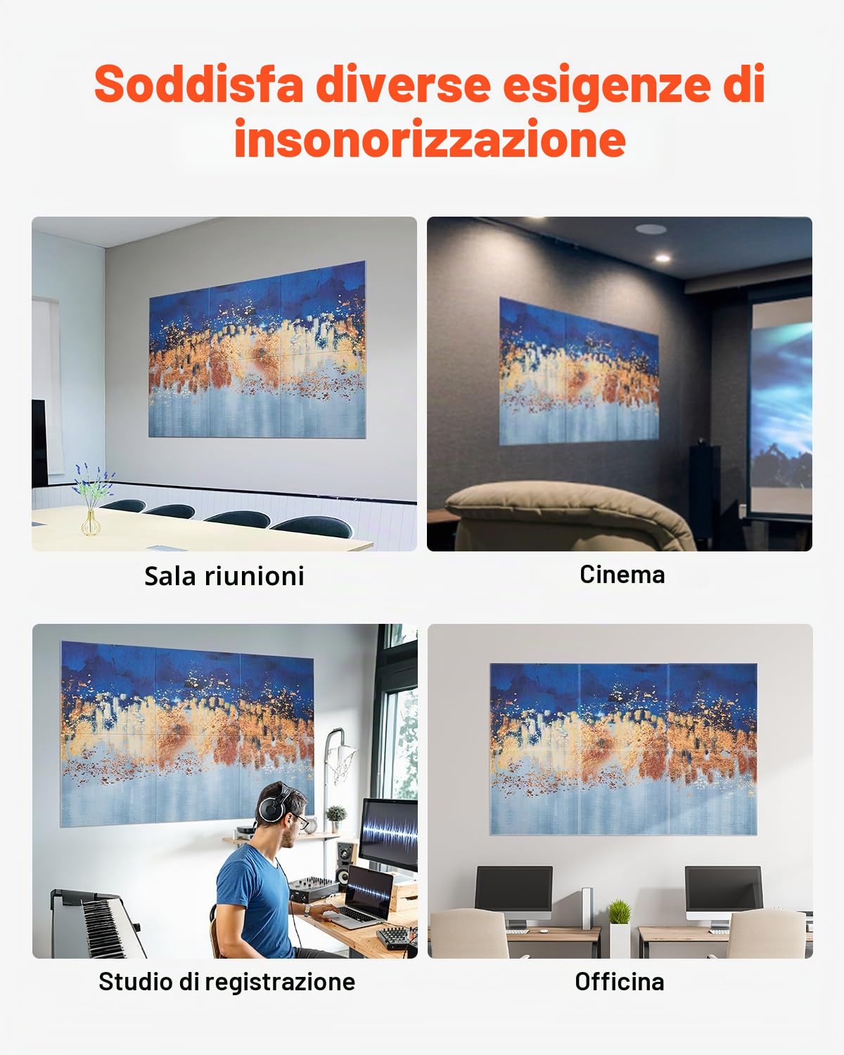 VEVOR Pannelli Acustici Artistici, Pannelli Fonoassorbenti Decorativi Autoadesivi da Parete Registrazione per Casa, Ufficio, Studio, Sala giochi, Teatro, Pastello, 600 x 600 x 10 mm 6 Pezzi