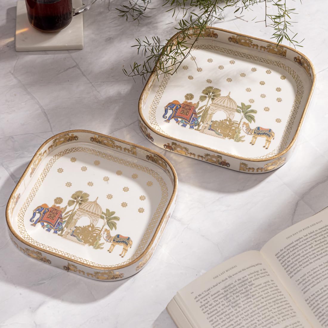 DULI Set of 2 MDF Wooden Trays with Enamel Coated Digital Print | Multipurpose Decorative Trays | 9x9 & 8x8 inch | Wipe & Use | Water-Resistant | Made in India (SmallSetof2CurvedSq-CamelElephant)-image-24