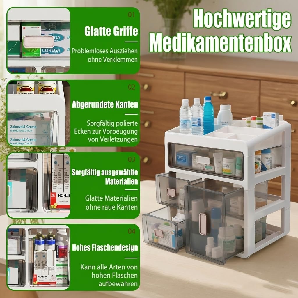Armadio della medicina domestica, cassetto a 4 livelli, contenitore per medicinali, grande per uso domestico e ufficio