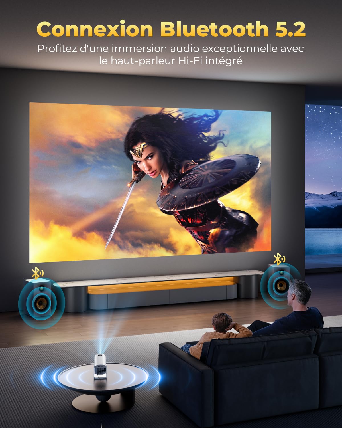 Vidéoprojecteur 4K Supporte, Mini Projecteur Portable Apps intégrées avec WiFi et Bluetooth, 270° Rotation Home Cinéma Star Rétroprojecteur pour Phone/PS5/HDMI/TV Stick/USB