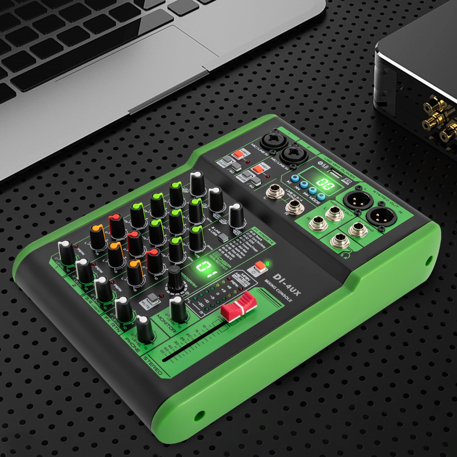 Mixer audio professionale, alimentazione phantom, preamplificatore per microfono, serie DI-4UX, verde, 19,3 x 26 x 4,5 cm