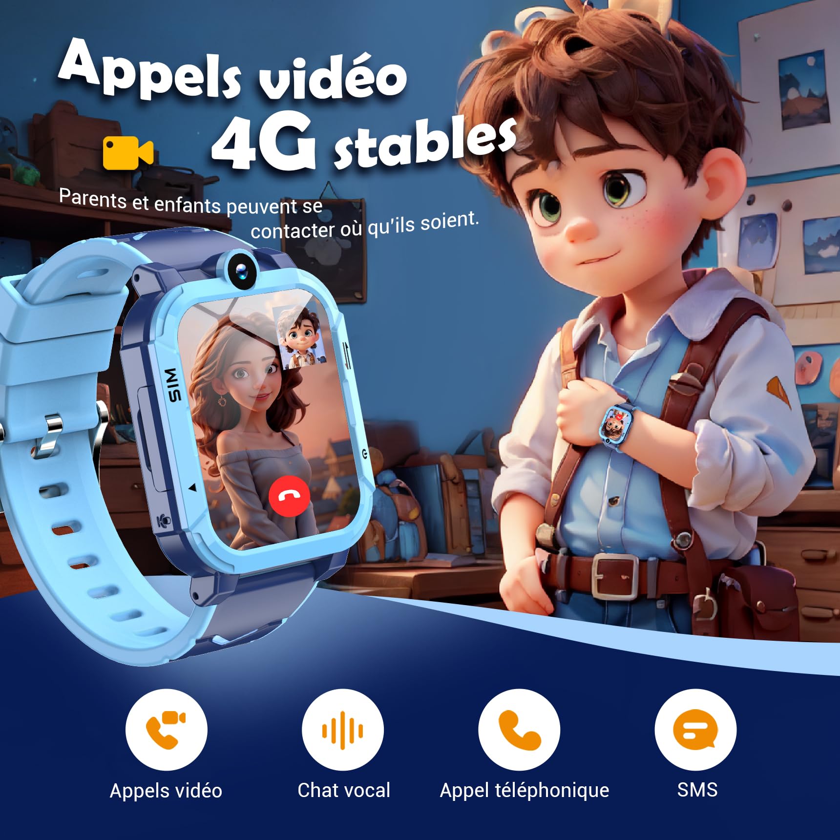 Blackview Montre Connectée Fille Garçon à 4G, GPS+LBS+WiFi, SOS, Caméra Frontale, Appels Vidéo, Podomètre, pour Filles et Garçon 5-16 Ans（Bleu）