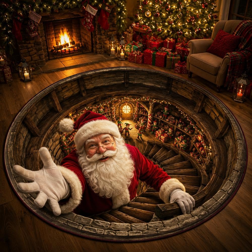 Christmas 3D Round Rug, Optical Illusion Christmas Area Mat for Indoor Outdoor Use, Santa Claus Decorative Rugs Welcome Floor Mat for Living Room Home Gifts