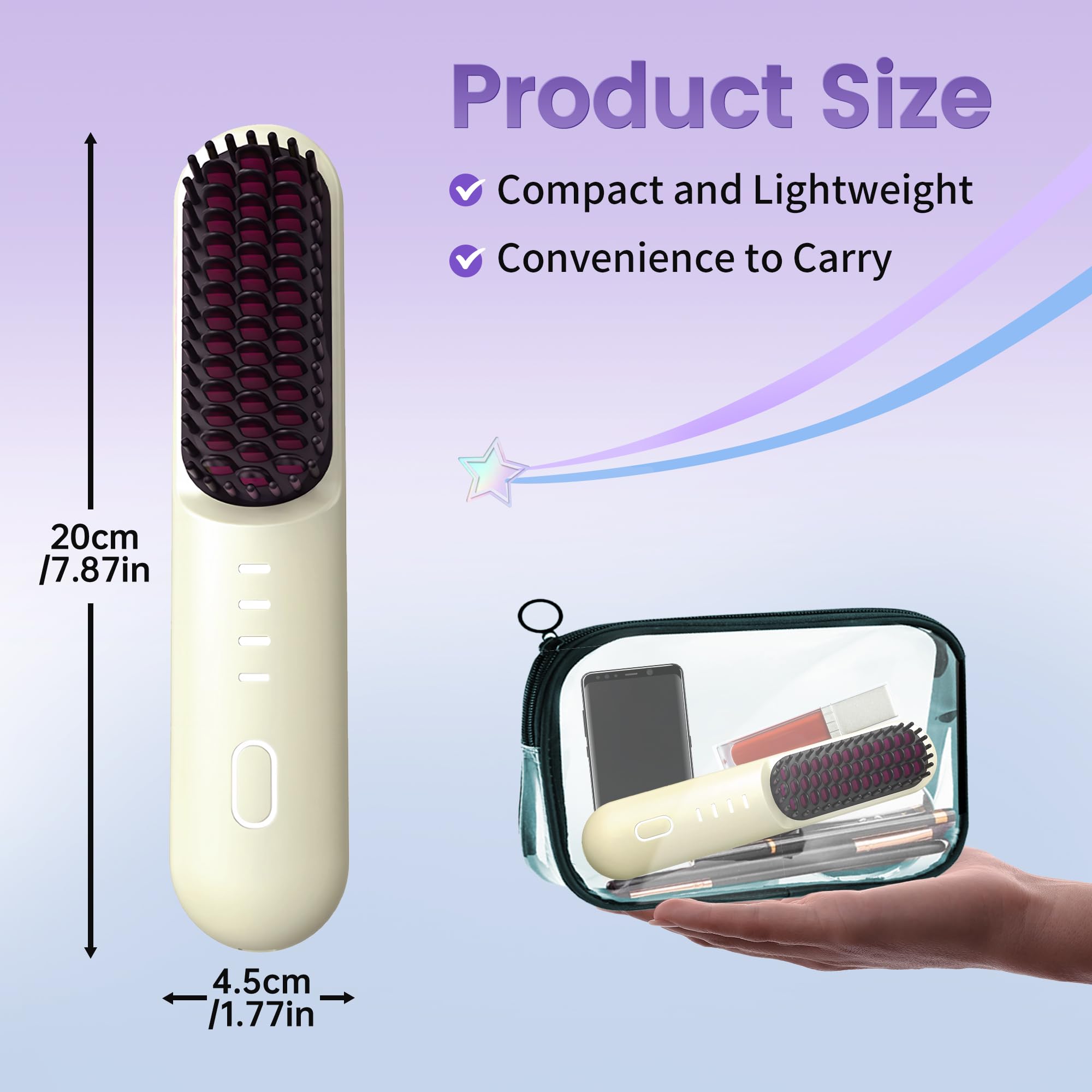 Cordless Hair Straightener Brush, Upgraded Portable Mini Hair Straightener Brush for Travel 4 Adjustable Heat Settings - Image 2