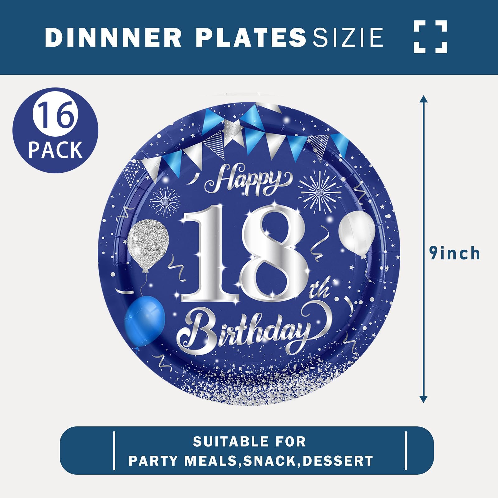 Happy Birthday Party di piatti di carta piatto monouso usa e getta di stoviglie in blu chiaro & grigio Compleanno Di Adulti Uomo & Donna decorazione tavolo 24 Pezzi