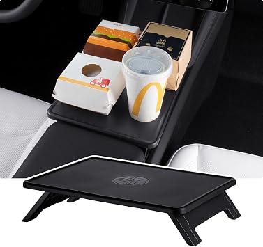 BASENOR for 2026 2025 Tesla Model Y Juniper & Model 3 Highland Foldable Center Console Table Tray Laptop & Eating Desk, Anti-Slip TPE+ABS Odorless Scratch-Free Model Y/3 Accessories
