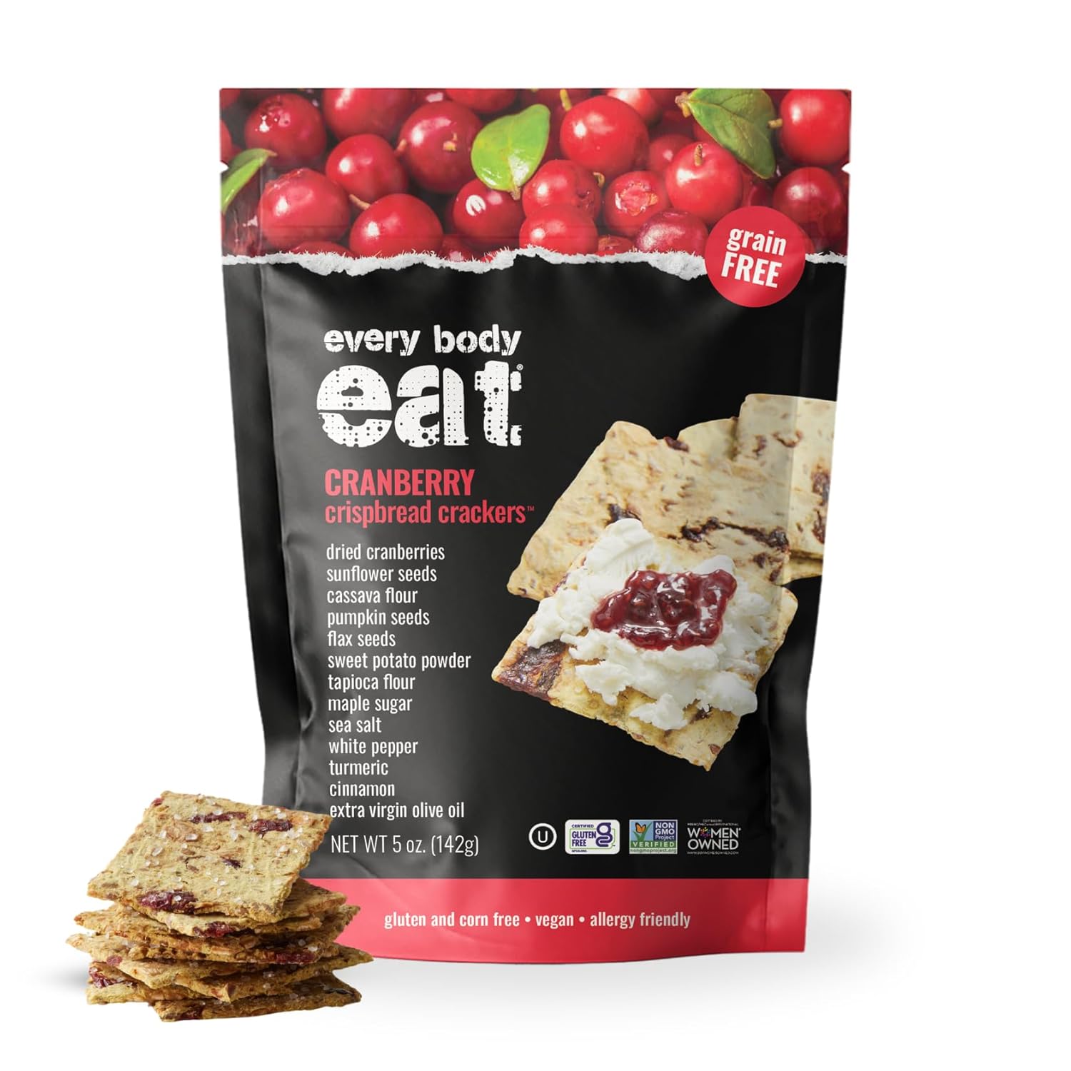 Every Body Eat Crispbread Crackers, Cranberry - Gluten Free, Grain Free, Dairy Free, Vegan, and Seed Oil Free (5 Ounce Pack of 3)