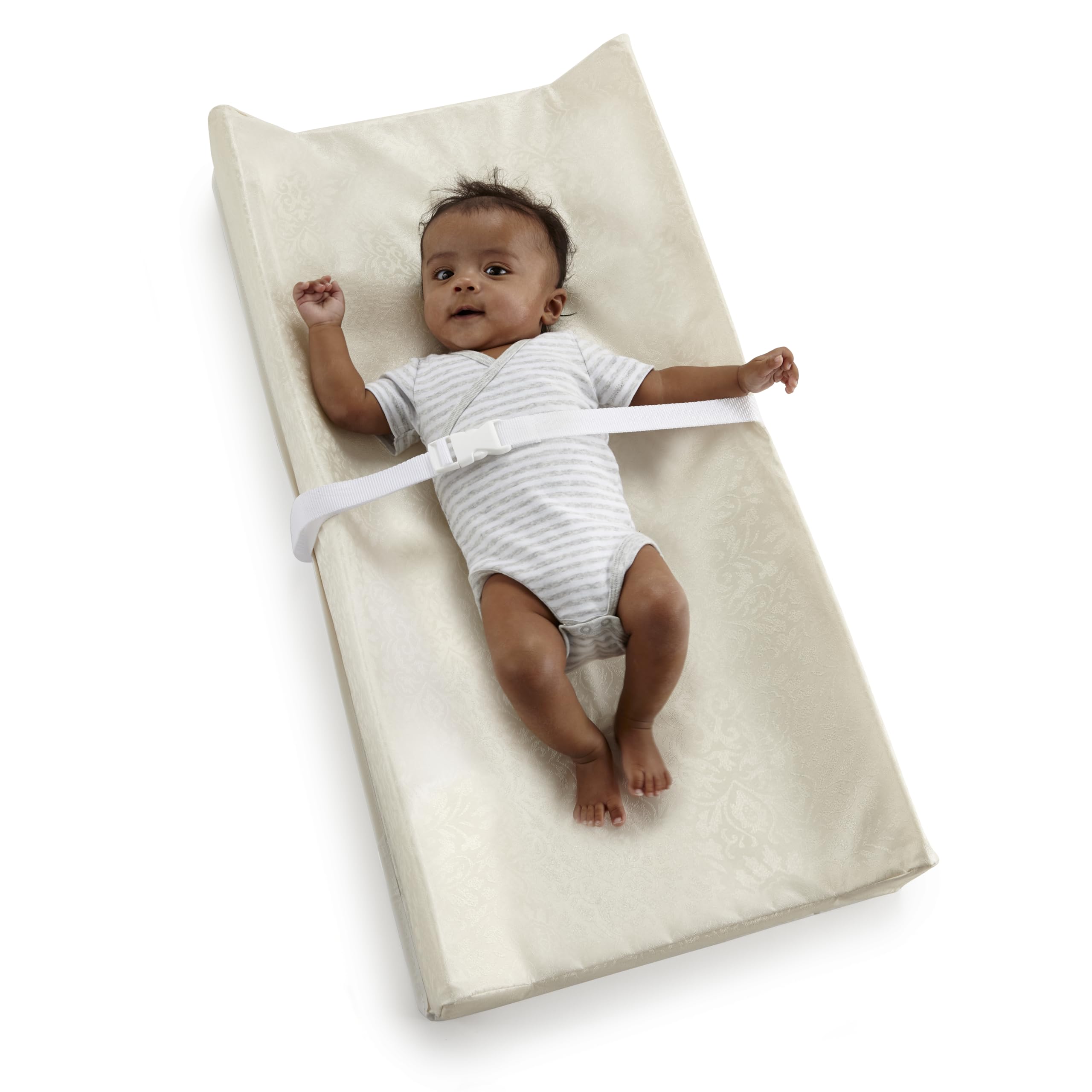 Sealy Baby Cambiador impermeable de 2 lados contorneado blanco, espuma mejorada de soja, restricción de seguridad ajustable, parte inferior apta para muebles, certificado Greenguard Gold