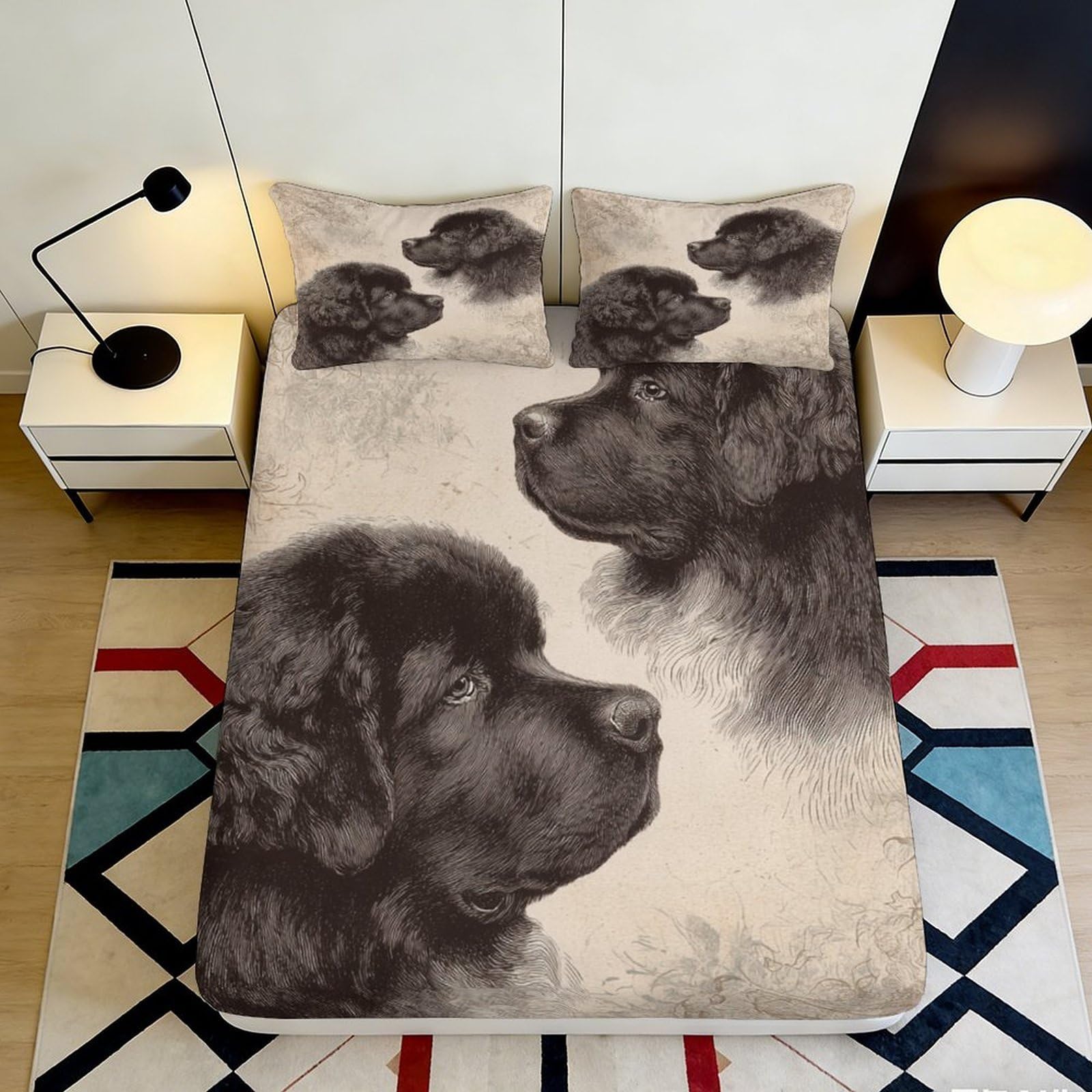 3D Printed Newfoundland Dog Fitted Sheet Microfiber Bedroom Decor Black Animal Mattress Cover for Home Guest Room 90x200x25cm