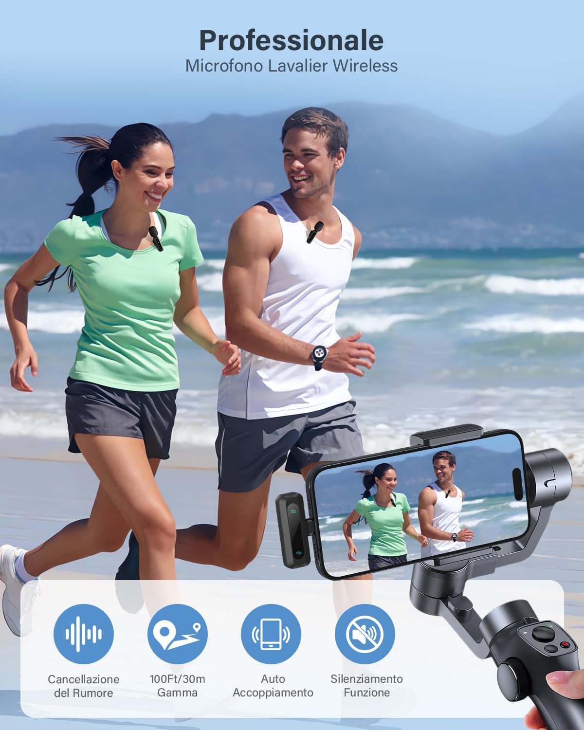 Microfono Lavalier Wireless per iPhone, iPad, Telefoni Android, Microfono Wireless con Riduzione del Rumore, Accoppiamento Automatico, Mute e Riverbero per Vlogging e Registrazione Video
