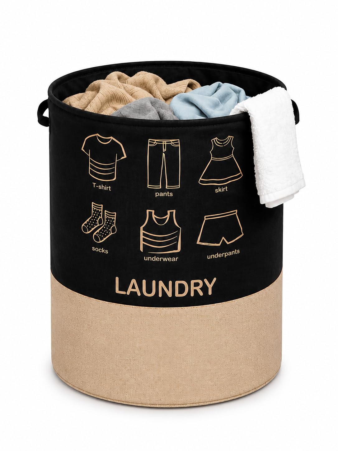 DecorTwist Jute Laundry Basket Large | Collapsible Laundry Hamper with Handles | Stylish Fabric Laundry Storage for Home, Bedroom & Bathroom (Black + Beige | Icons “LAUNDRY”)-image-41