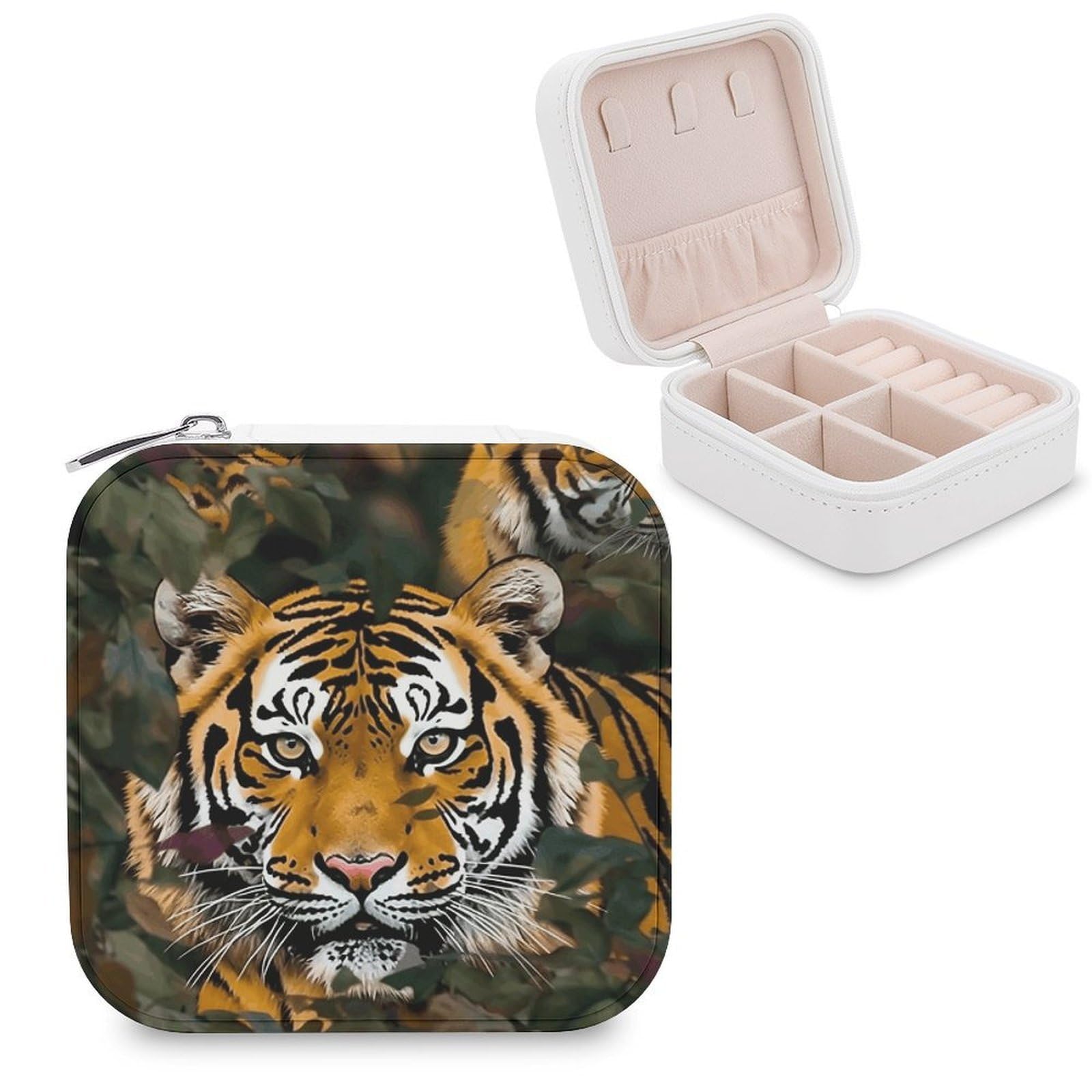 VstaDank Camouflage Tiger Travel Jewelry Case Zipper Portable Small Jewelry Box Custom Pu Leather Mini Traveling Jewelry Organizer for Rings Earrings Necklace Bracelet Girls Women