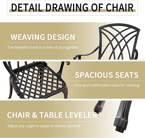 Miniatura 10 de Juego de 3 muebles de aluminio fundido de bronce para patio, mesa grande y sillas, resistente a la intemperie, almohadillas ajustables para los