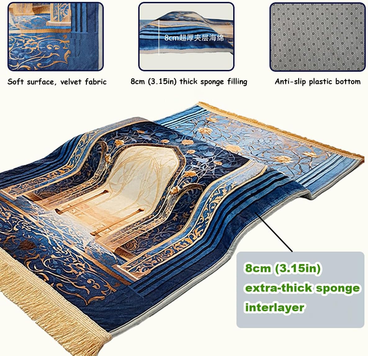 Thick Prayer Mat 3.15 in – Extra Soft Kneeling Cushion for Worship & Meditation, Non-Slip Velvet Mat for Home Mosque Church Use, Comfortable Foldable Prayer Rug for Adults (Blue)