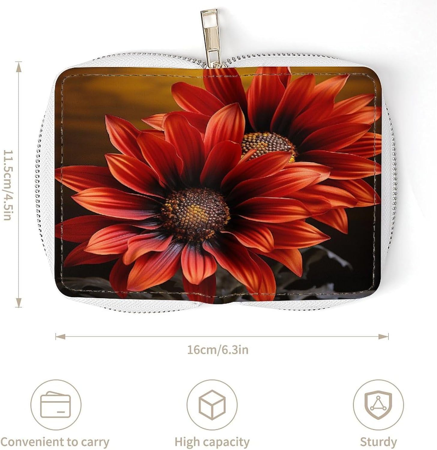 Leather Card Organizer Case Card Wallet Credit Card Holder Red Sunflower Printed Zipper Card Cases Holder for Women Men