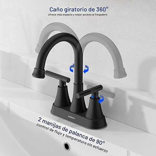 Miniatura 3 de Grifos de baño para fregadero de 3 agujeros, 4 pulgadas, color negro mate con drenaje emergente y 2 mangueras de suministro, grifo central de acero