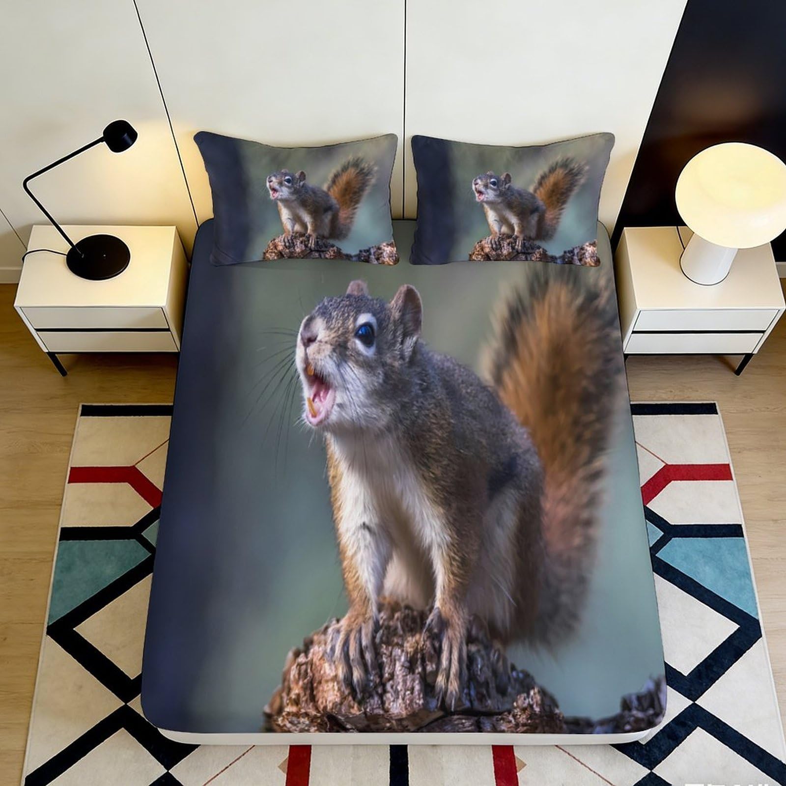 3D Printed Squirrel Forest Fitted Sheet Microfiber Soft Breathable Woodland Mattress Cover for Bedroom Dorm Decor 90x200x25cm