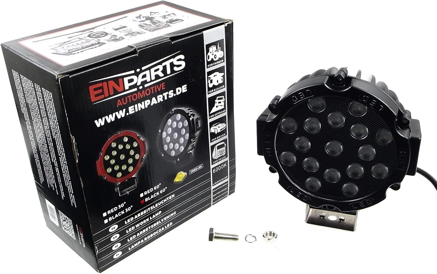 EinParts 18x16cm 51W 6885LM faros LED redondo Luz de Trabajo Faro Led Focos Led 12V 24V 6000K Barra de Luces Led ECE R10 IP67 Impermeable para 4x4 Tractor Camino Barco 4WD ATV UTV SUV