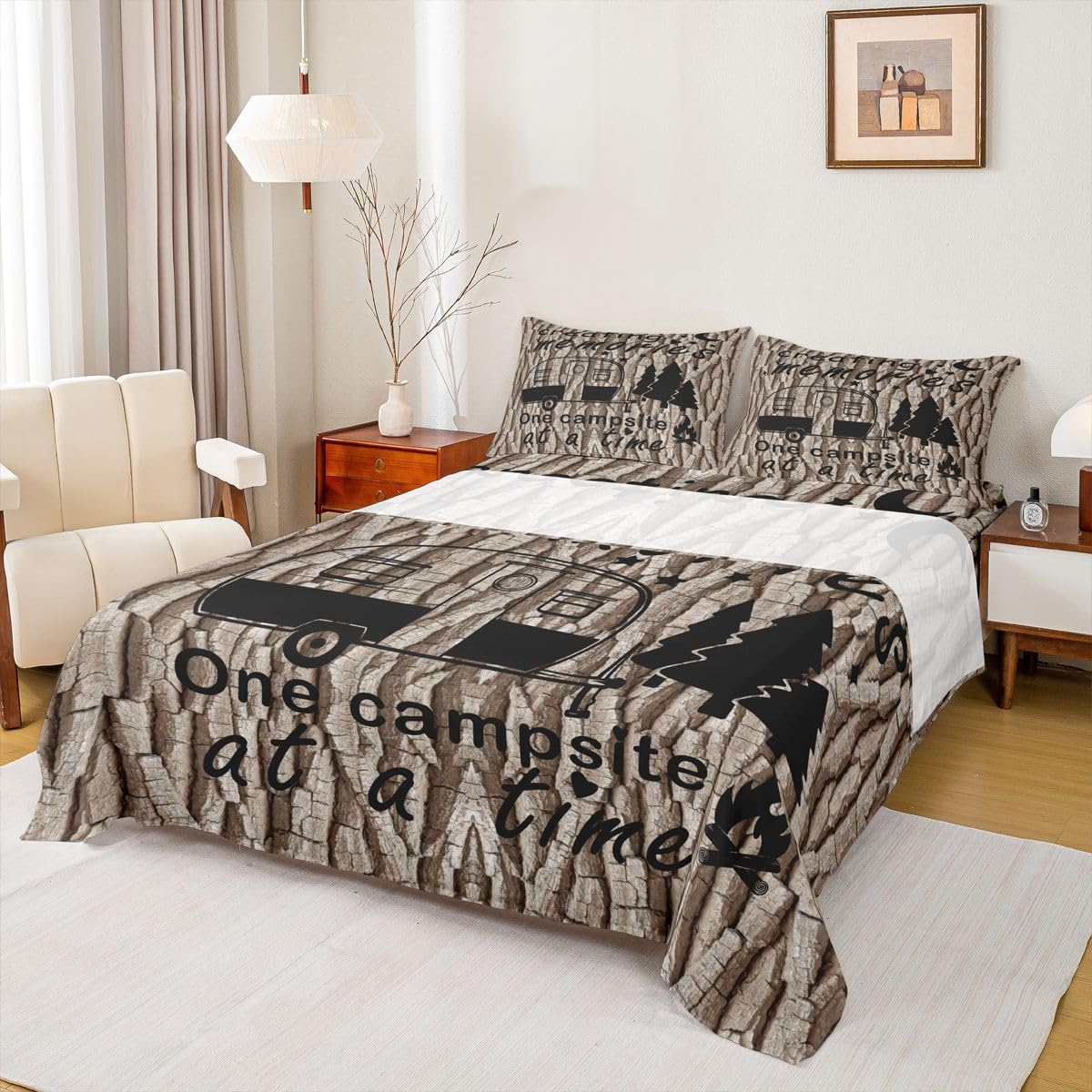 Homewish Zestaw pościeli o tematyce kempingowej podwójna dzika gałąź sosnowe prześcieradła vintage zestaw pościeli w stylu wiejskim - wystrój pokoju estetyczne dopasowane prześcieradła wierzchnie 4