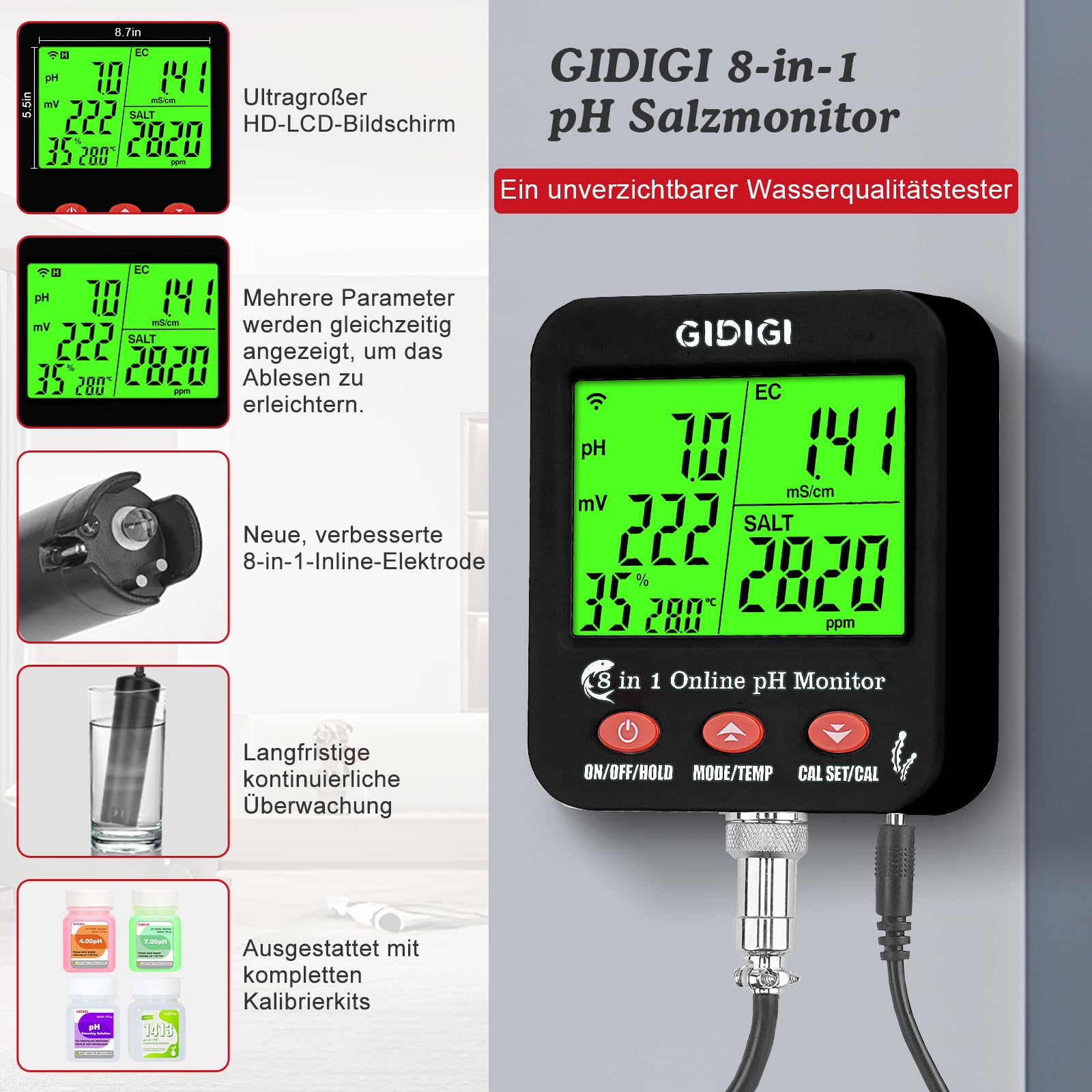 pH ppm WiFi-Monitor, intelligenter 8-in-1 Wasserqualitätstest, hydroponischer pH EC-Messer, pH TDS EC Salz ORP-Tester mit Kalibrierlösungs-Kit, Salzgehalt-Tester für Aquarien