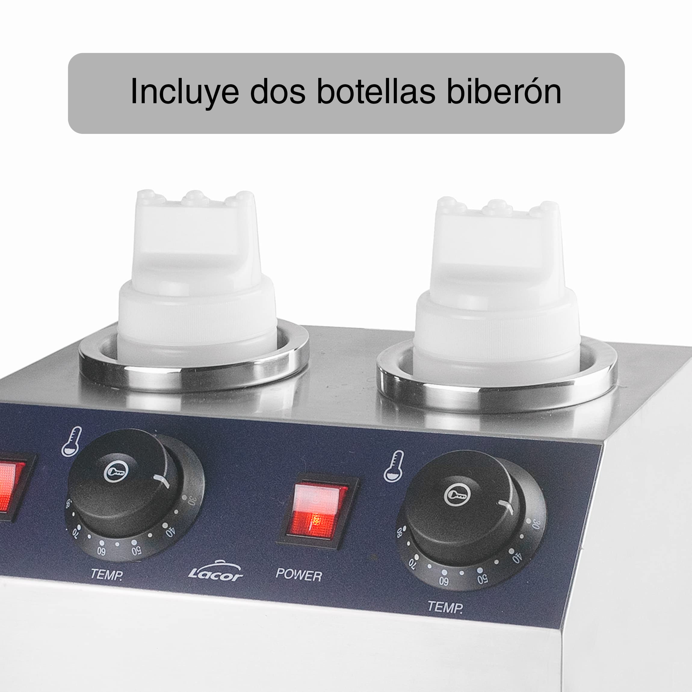 Lacor - 69242 - Podgrzewacz Do Butelek, Stal Nierdzewna, Ogrzewanie Suche, Termostat: 30 Stopni C -80 Stopni C, Zawiera 2 Butelki Z Potrójną Dyszą, 30,5 X 25 X 23 Cm, Szary.