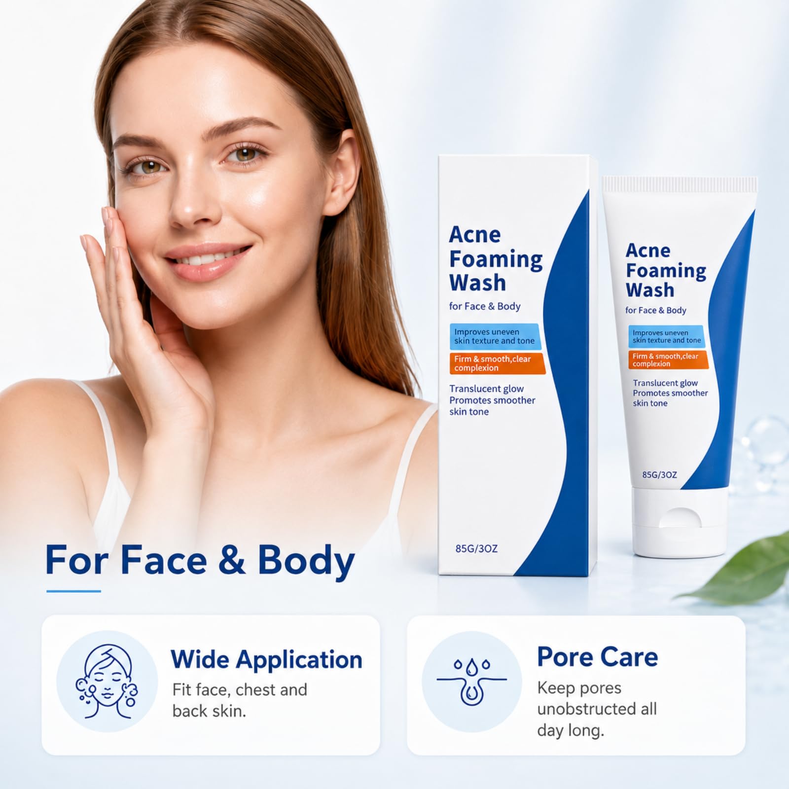 Schiuma detergente anti-acne viso corpo levigante pori 85g | Adatto per viso, petto e schiena, sboccia pori, schiuma morbida liscia e unifica la carnagione