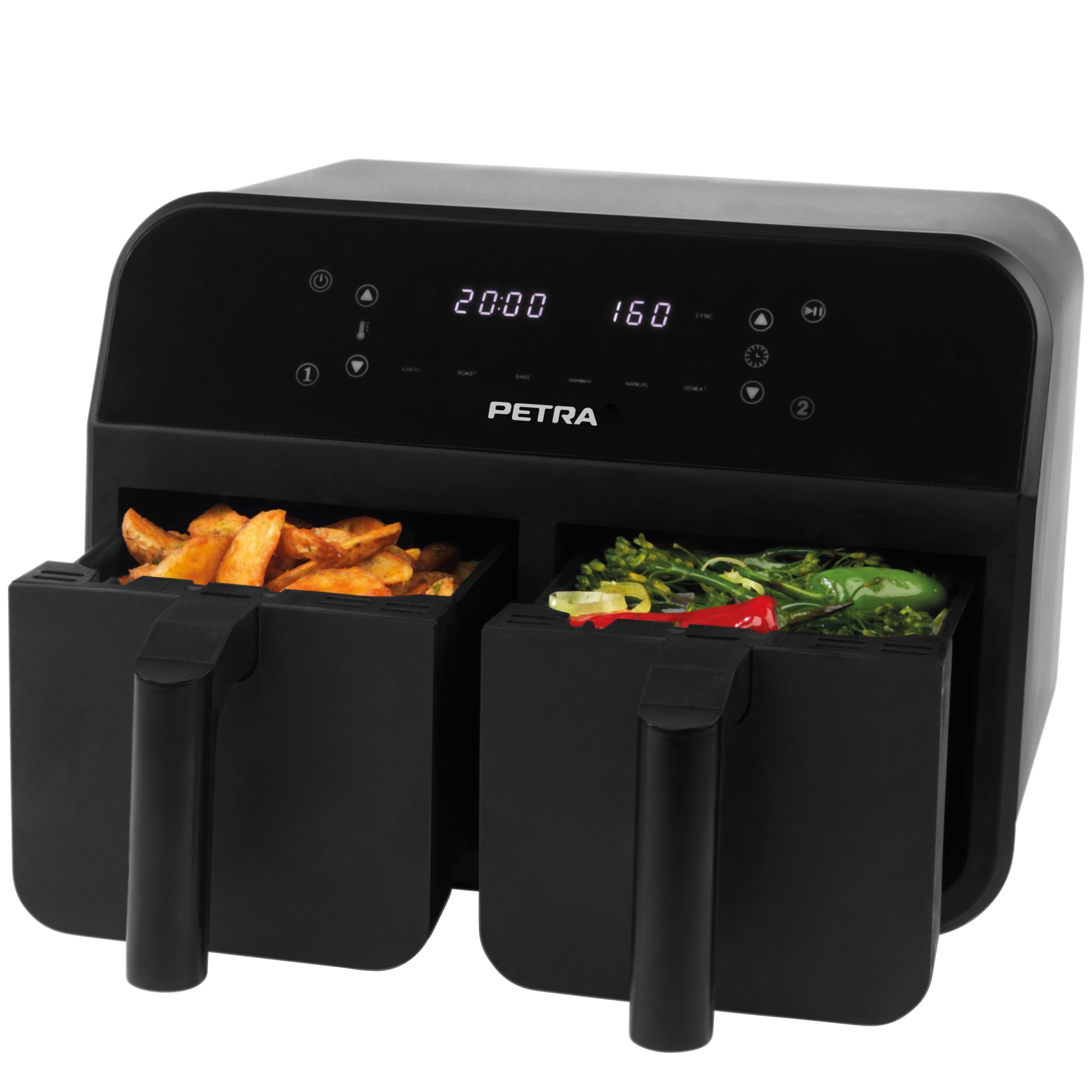 Petra PT4750BLKVDE - Friggitrice ad aria da 7,4 l, doppio cestello rimovibile, funzioni di cottura Sync e Match, 2 vassoi XL per cottura indipendente, display LED digitale, 6 programmi, 2400 W.