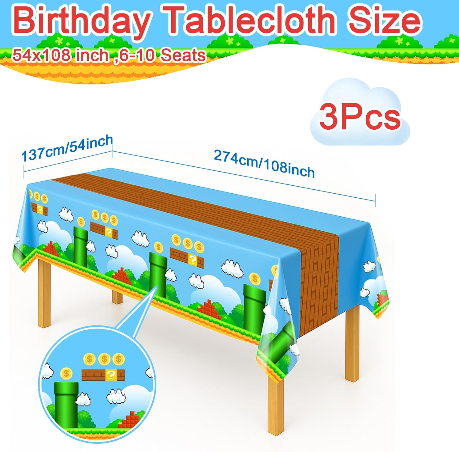 Adventure Classic Game Themes Tablecloths for Birthday Parties 54 x 108 In
