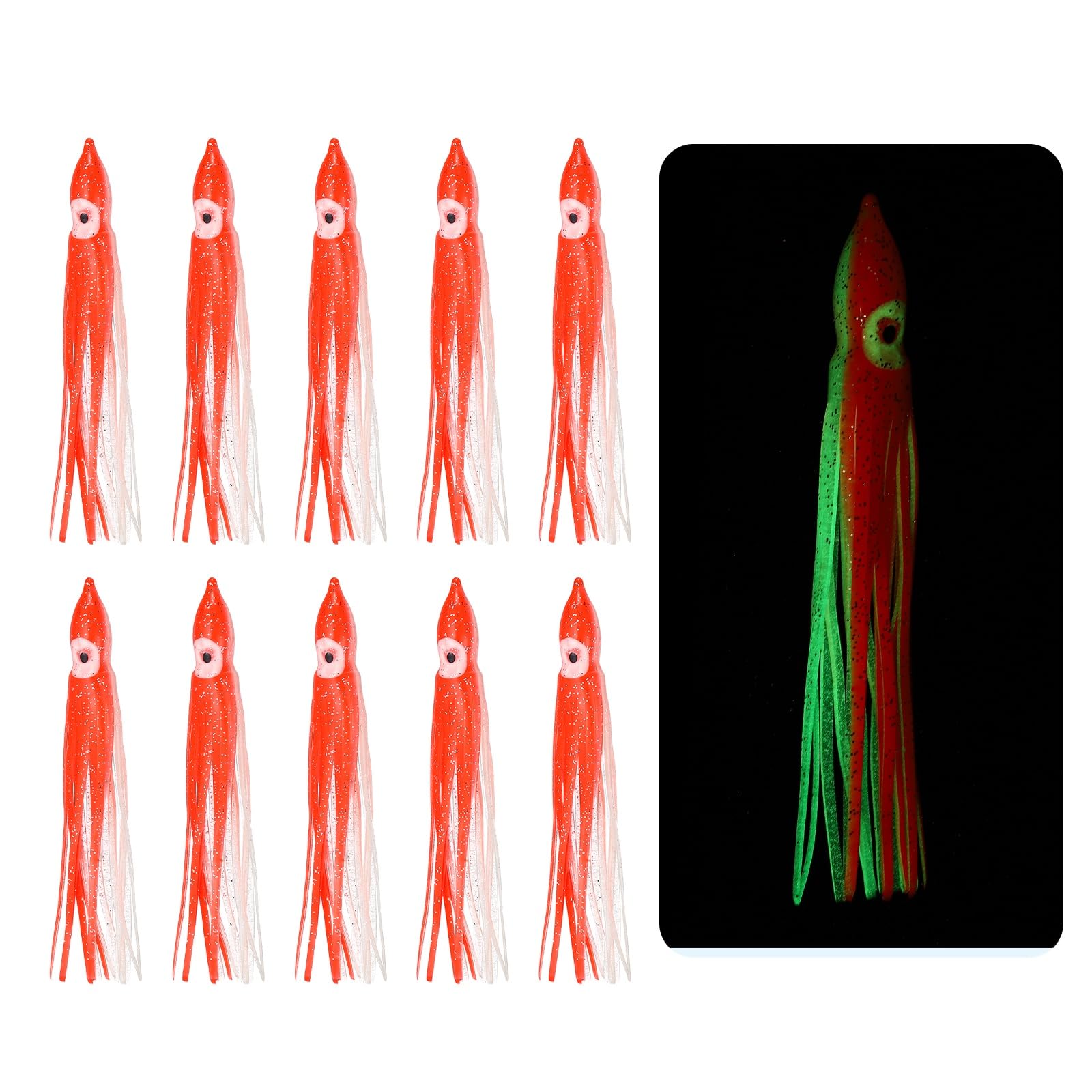 YELARXI Fishing Squid Skirts Lures Glow Soft, 4.7 x 0.5 Inch & 10 Pcs & Clear/Red