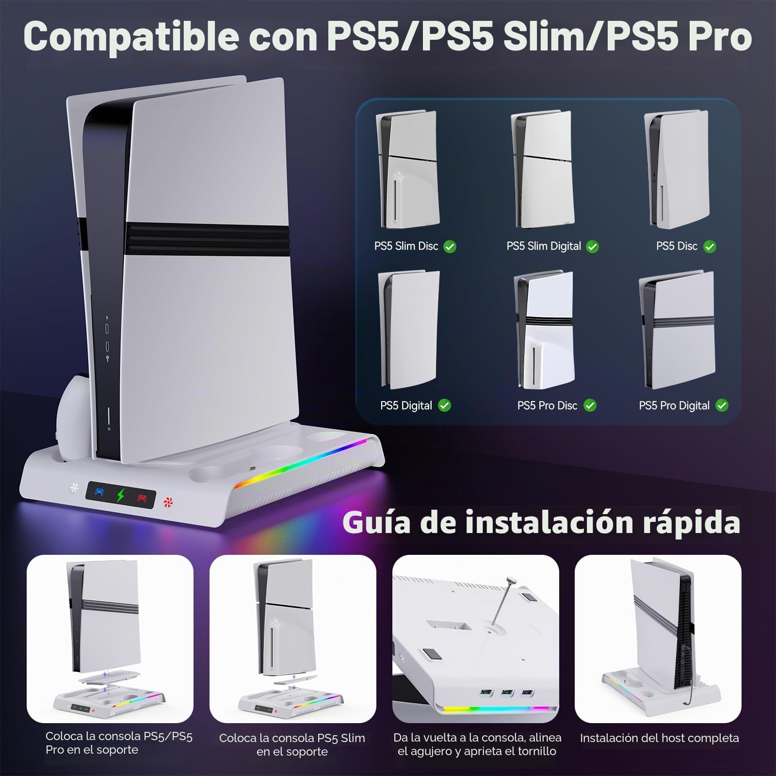 Labtec Soporte para PS5 / PS5 Slim / PS5 Pro con ventilador de enfriamiento y iluminación RGB, base de carga de controlador dual para consola PS5/Slim/Pro con 5 ranuras para juegos y 3 puertos USB