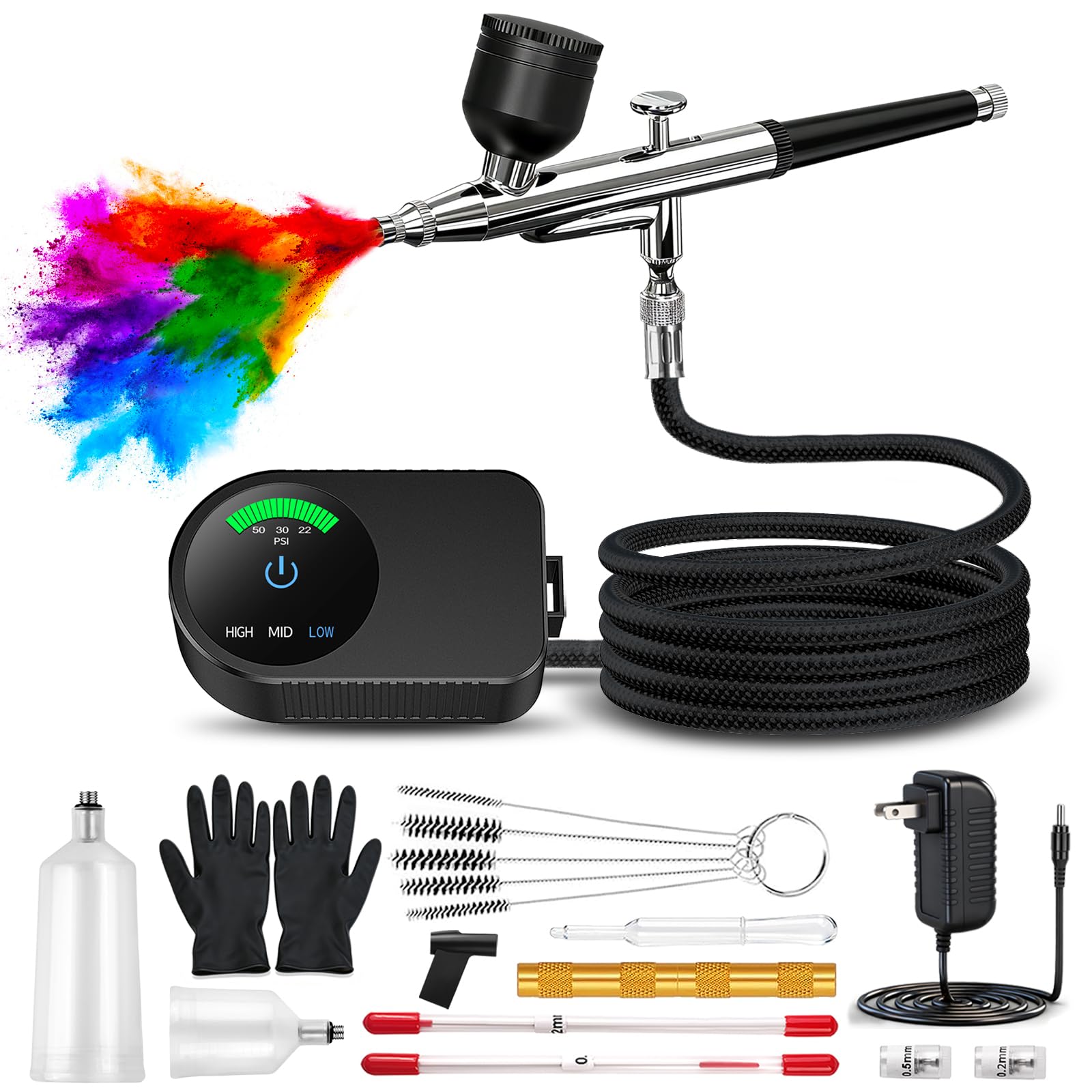 Kit d'aérographe avec compresseur d'air, 22/30/50 PSI haute pression non obstruant avec buse de 0,2/0,3/0,5 mm, idéal pour la peinture, le modelage, la décoration de gâteaux, le maquillage