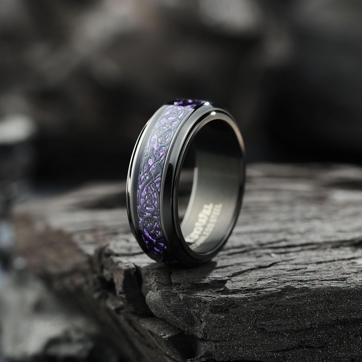 King Will 316L Stainless Steel Spinner Ring for Men Women- 8mm Width Black/Silver Fidget Ring with Dragon/Celtic Knot Pattern, Stress Anxiety Relief Comfort Fit Wedding Band Size 6-14