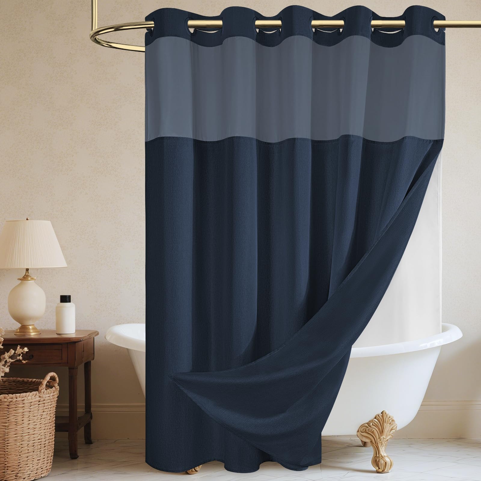 WONICY No Hook Navy Blue Shower Curtain and Liner, Linen-Look Polyester Textured Shower Curtain with Snap in Liner, Waterproof & Washable Bath