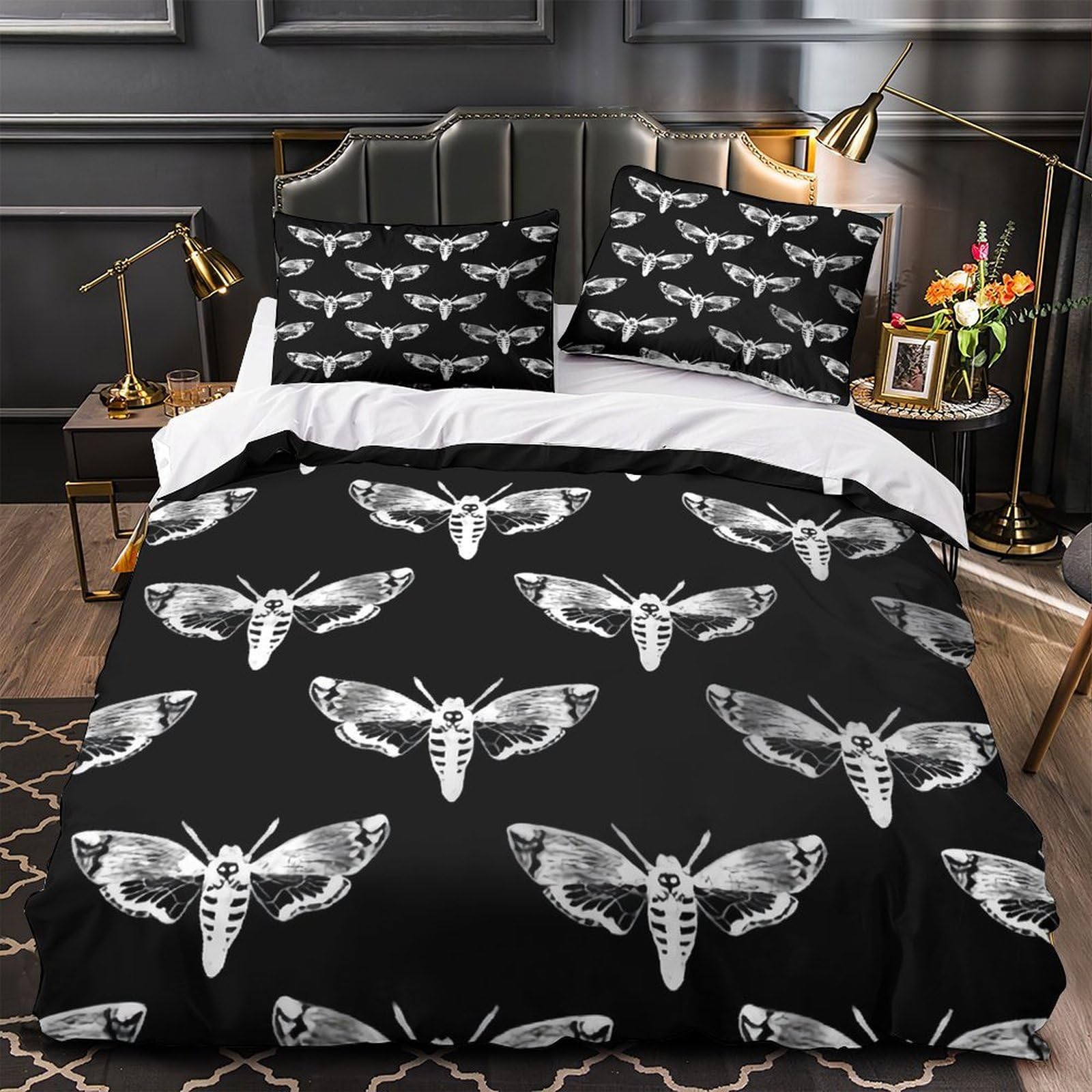 MMDASBVPE Moth Pattern Quilt Cover 3D Print Ultra Soft 3PCs Bed Linen Hidden Zipper black White Artistic Duvet Cover Luxury All Season for Adults Teens Women Kids Girls Boys Youth King（220x240cm）