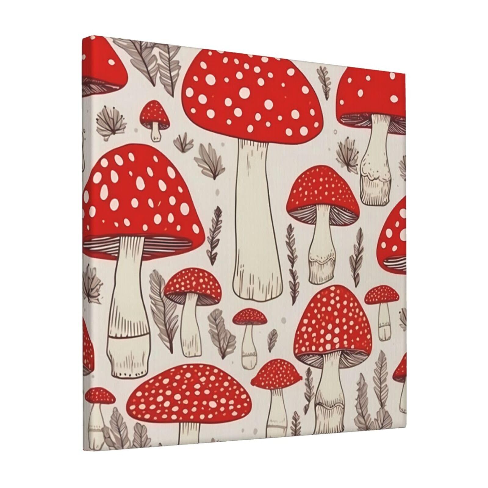 KLOPH Red White Mushroom Canvas Wall Art for Living Room 12"x12" Modern Artwork Painting for Bathroom Hanging Canvas Prints Aesthetic Wallart for Bedroom Kitchen Office Wall Decor