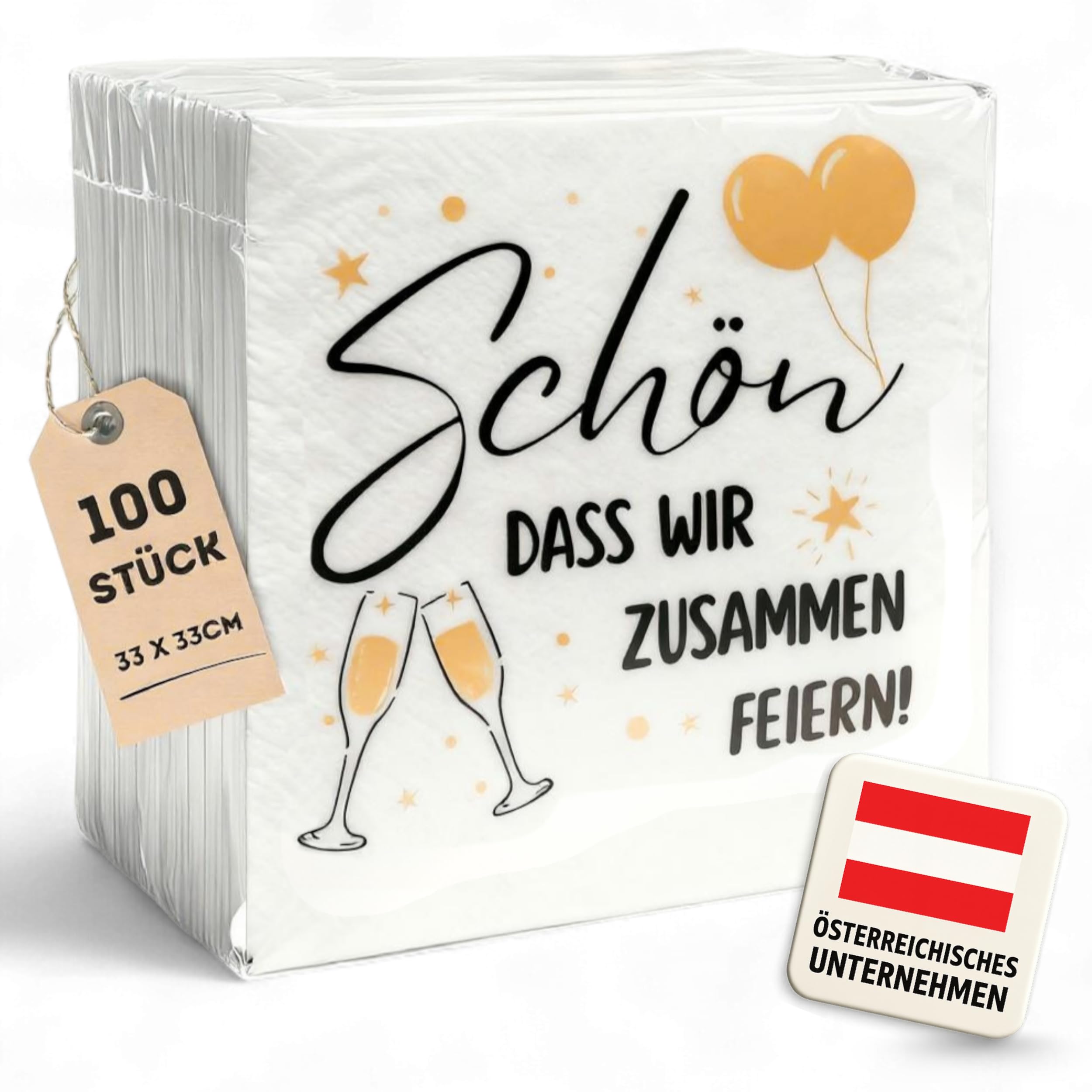 EV® Servietten - 100 Stück, 33 x 33 cm - Stilvolle Party Tischdeko | Festliches Gold-Design mit Spruch [Schön, dass wir zusammen feiern] - Ideal als Tischdeko für Hochzeit, Geburtstage & Feste