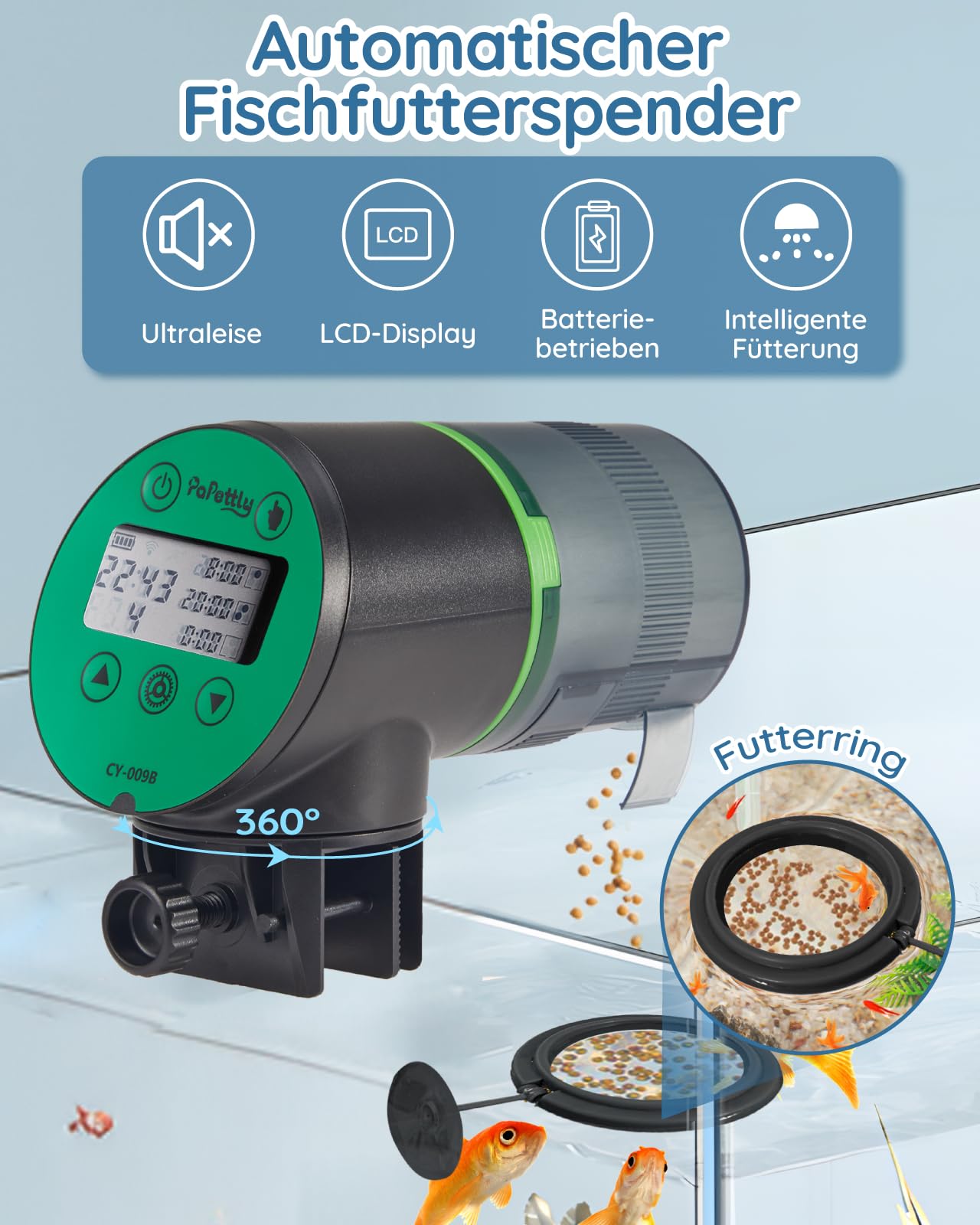 Papettly Futterautomat Aquarium, Automatischer Fischfutterautomat für Aquarium mit Batteriebetrieben, Fische Fischfutterspender 200ml, 2 AAA-Batterien im Lieferumfang enthalten, Fischfutterschwimmring