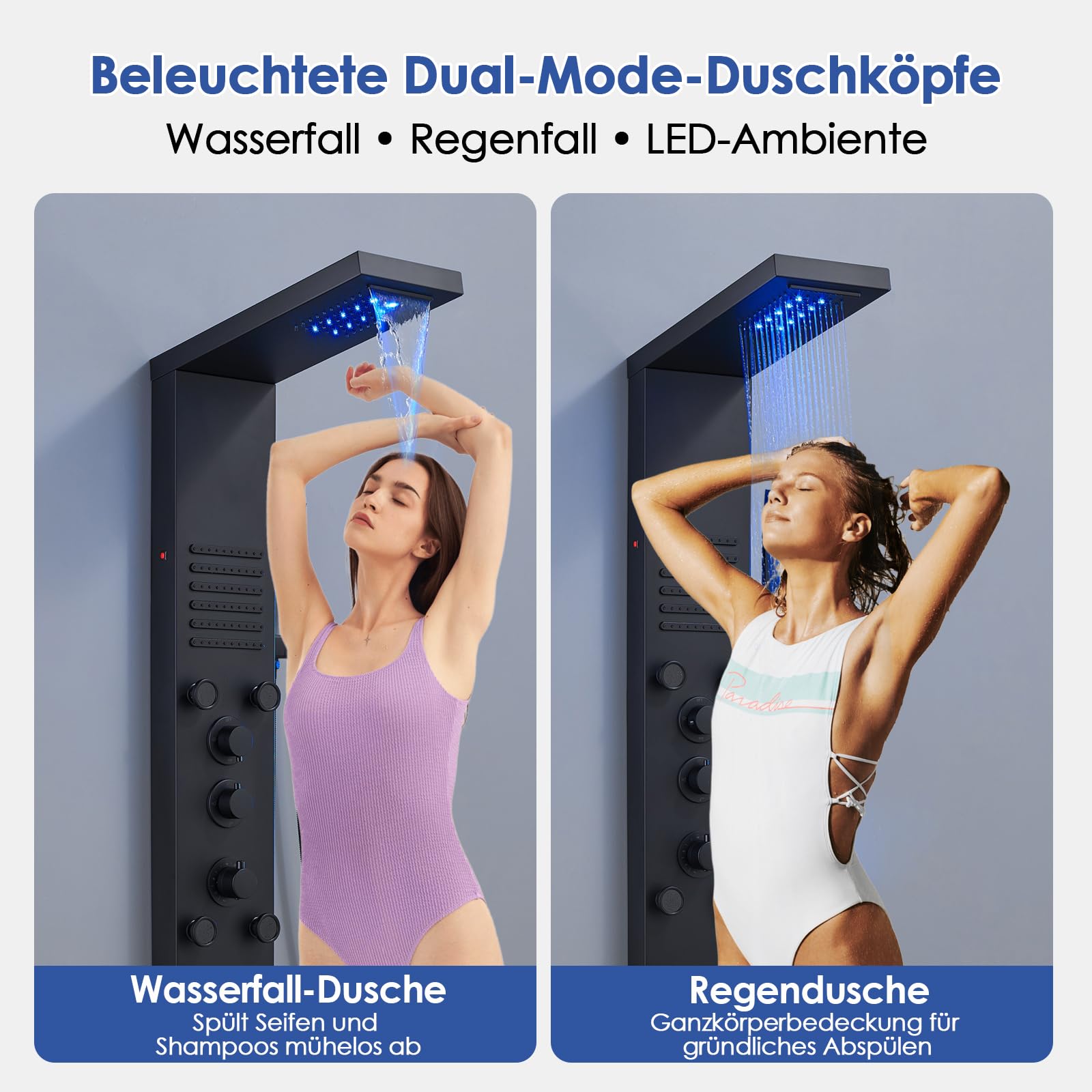 ROVOGO Komplett Schwarz LED Duschpaneel mit Thermostat, 5 Funktionen Duschsäule Regenfall Wasserfall Duschkopf, 2 Strahlarten Massagedüsen, Handbrause, Wanneneinlauf, Edelstahl Duschpaneel mit Armatur