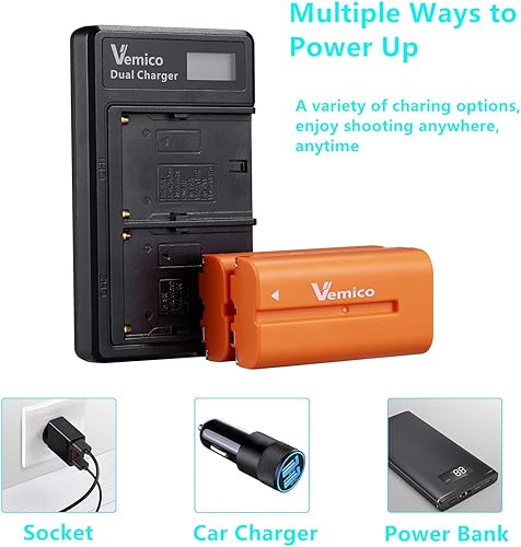 Miniatura 4 de Vemico NP-F550 Juego de cargador de batería 2X 3000mah Baterías de repuesto 2 canales Tipo C Cargador LCD para Sony NP