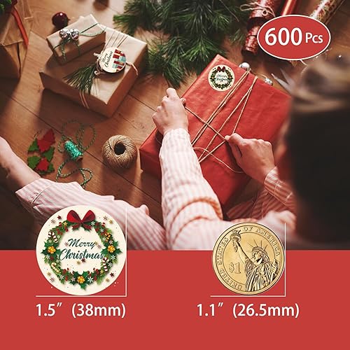 Miniatura 3 de 600 calcomanías para sobres de Navidad, calcomanías redondas de 1.5 pulgadas, 8 diseños de Navidad de invierno, calcomanías decorativas para sellos,