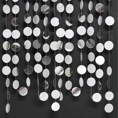 Decor365 Guirnalda circular plateada con purpurina, decoración de fiesta, círculos de papel, serpentinas, telón de fondo para baby showers,